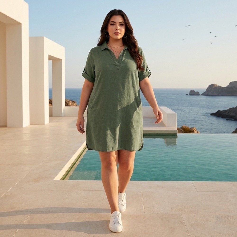 Velvet Heart Olive Green Tencel Shift Dress Plus‎ 1X Roll Up Short Sleeve Pocket